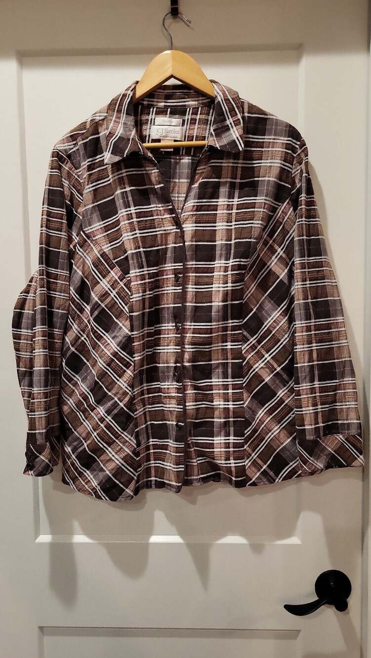 CJ Banks Women's Brown and White Plaid Button Down Stretch Blouse, size 2X